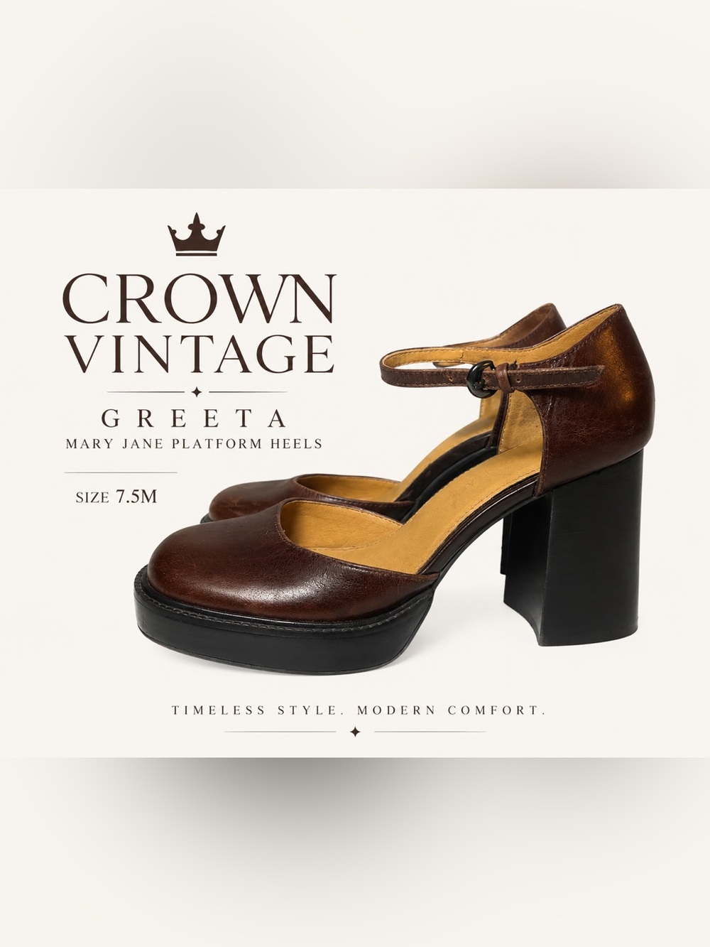 Crown Vintage Greeta Brown Genuine Leather Mary Jane Platform Heels 7.5M Chunky - Picture 14 of 14